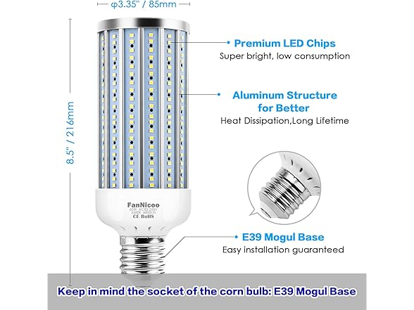 FanNicoo E39 LED Corn Light Bulb 500W Equivalent 60W