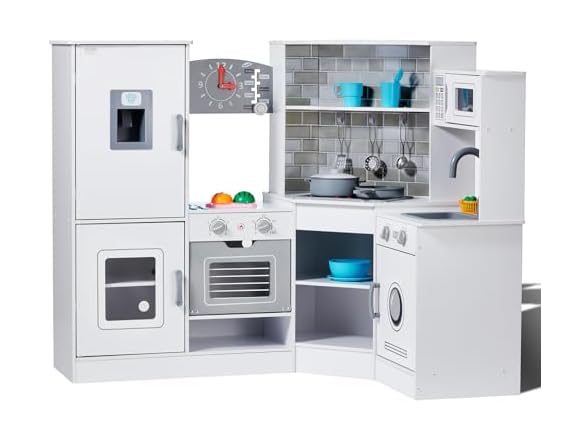 Corner Wooden Play Kitchen, Toy Set with Lights