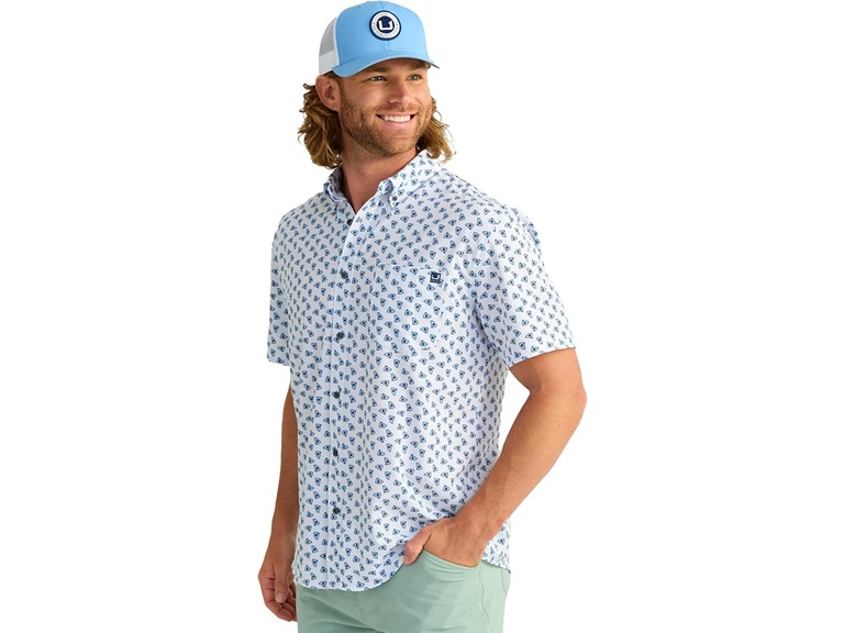 HUK Men's Standard Kona Pattern Short Sleeve Fishing Button Down Shirt, White 2.0