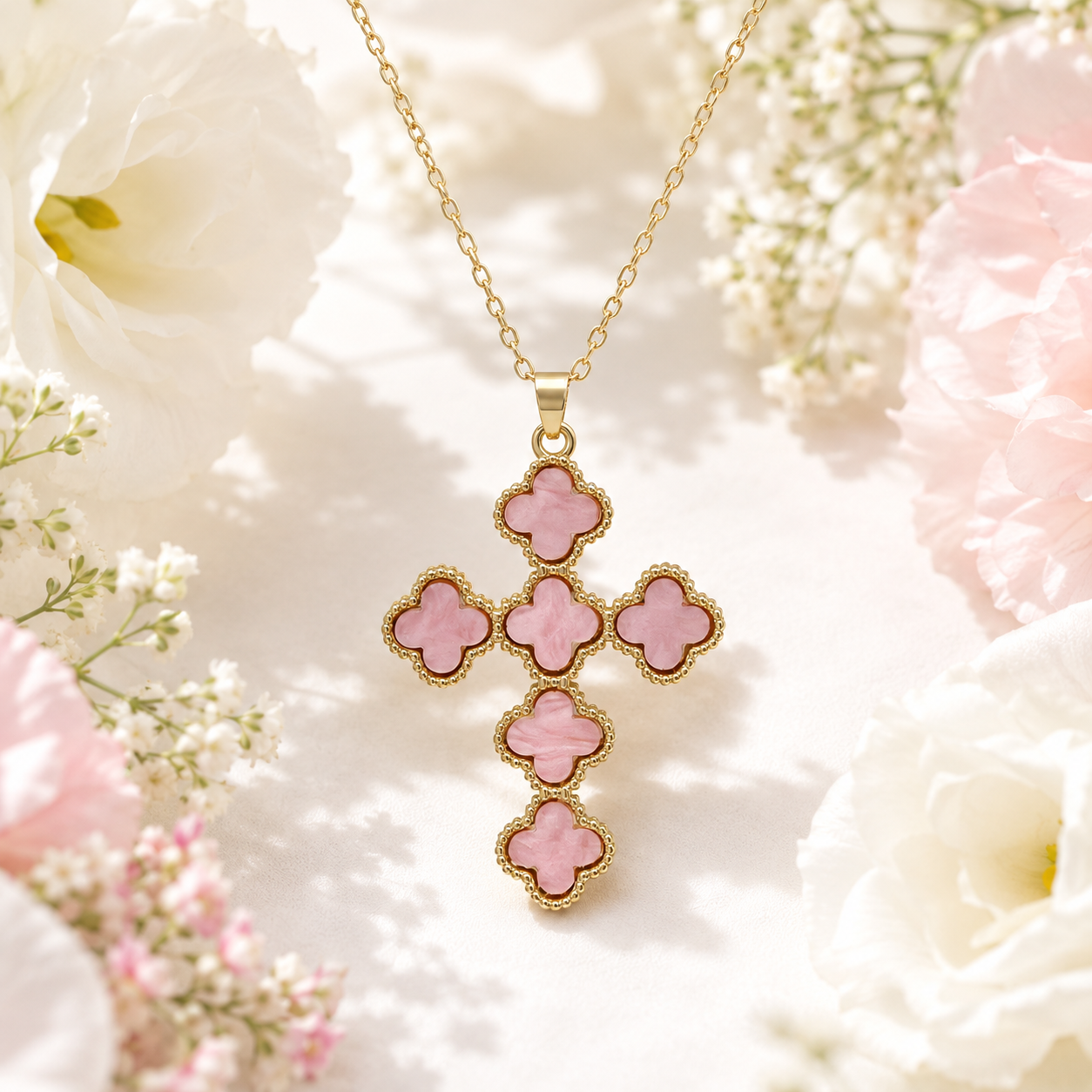 Gold Plated Pink Clover Cross Pendant - Gallery 5