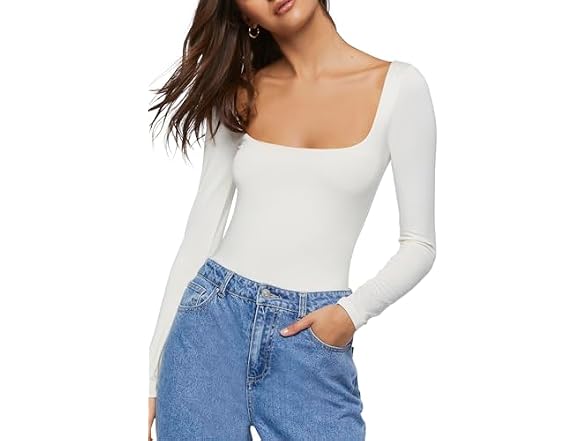 Forever 21 (M) Long-Sleeve Bodysuit Cream