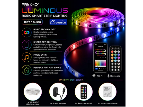 Primo 16ft Smart Wifi Bluetooth Strip Light w Power Adapter