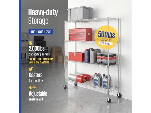 SafeRacks NSF 4-Tier Steel Wire Rack w/Wheels (18"x60"x72")
