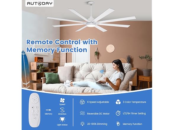 Autoday 72in Ceiling Fan Lights Remote