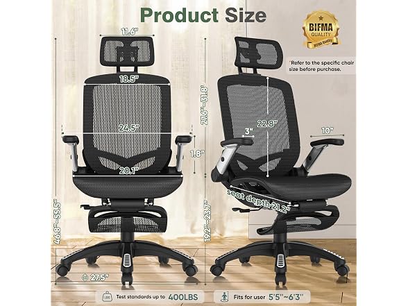 Office Chair with Footrest, Ergonomic Desk Chair