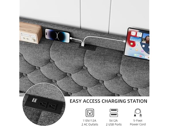 GAOMON Full Bed Frame, Charging, Grey