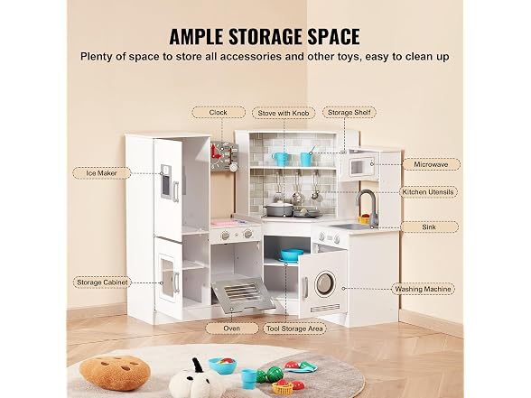 Corner Wooden Play Kitchen, Toy Set with Lights