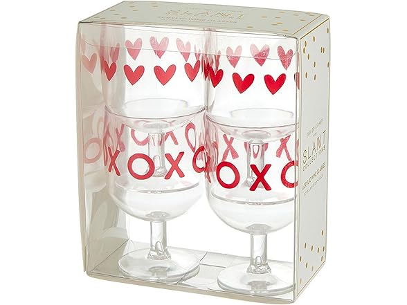  Acrylic Stackable Stemmed Drink Glass, Set of 4, Valentines - Hearts/XO