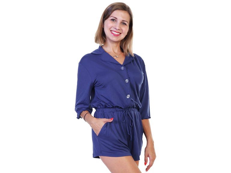 Angelina PJ65_NAVY_1_S Small Angelina Brushed Microfiber Quarter Sleeves Button-Down Romper Navy