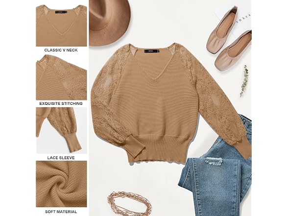 Zcsia Women (S) Long Sleeve V Neck Lace Solid Tops