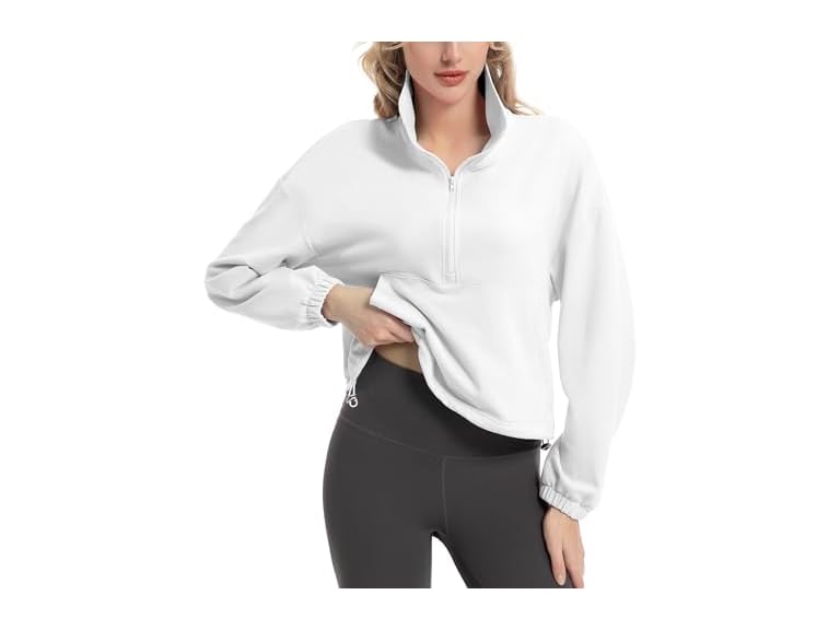 FKEEP Quarter Zip Pullover Women Cropped Sweatshirt Long Sleeve Crop Top Stand Collar Drawstring Casual Pullover zWhite M