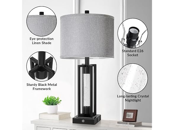 26’’ Farmhouse Table Lamps with Crystal Night Light Set of 2 Black