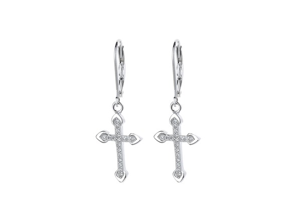 18K White Gold Leverback Cross Earrings