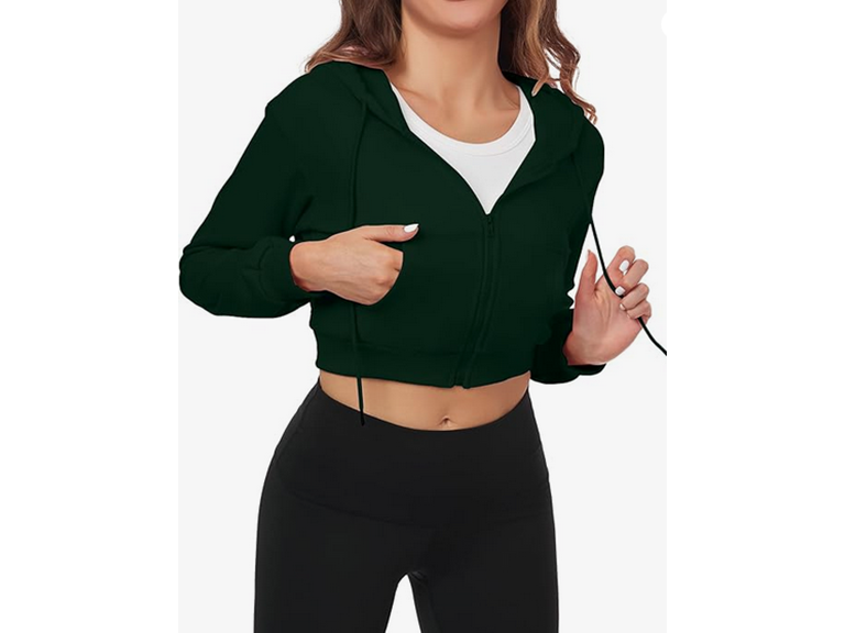 FKEEP Cropped Zip Up Hoodie Women Jacket Top Sweatshirt Casual Basic Gym Workout Sport Green