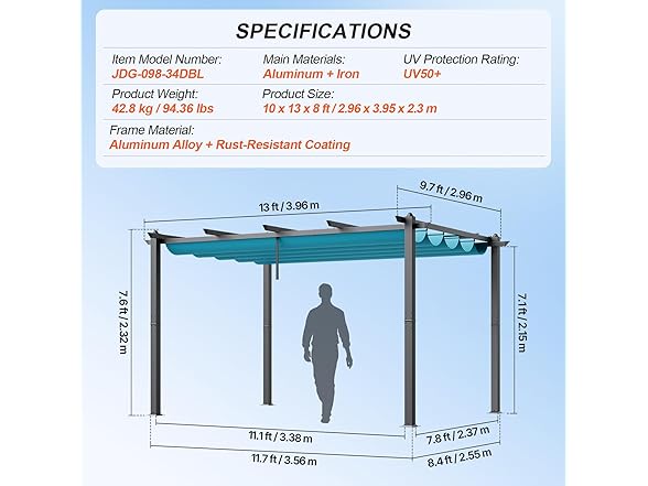 VEVOR 10'x13' Outdoor Retractable Pergola with Canopy