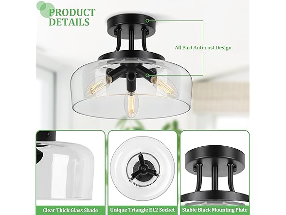 TOBUSA 3-Light Semi Flush Mount Ceiling Light