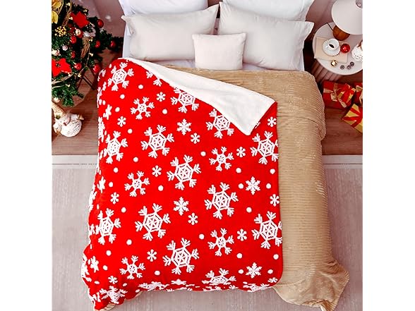 RILIHO Red Sherpa Snowflakes Blanket