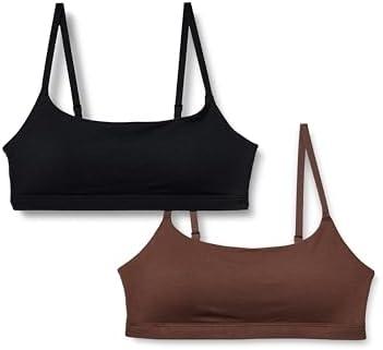 Amazon Essentials Women's Cotton Jersey Adjustable Scoop Bralette, Pack of 2, Black/Rich Hazel, Medium