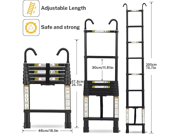 RIKADE Telescopic Ladder, 6.5 ft Aluminum Telescoping Ladder with Non-Slip Feet and Stable Hook, Portable Extension Ladder for Household and Outdoor Working, Max Load 330 lb, Black (Open Box)