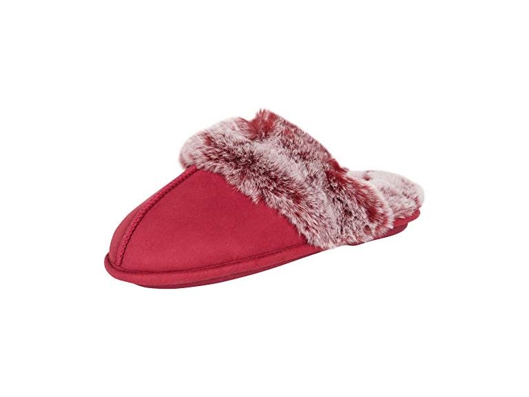 Jessica Simpson Women's Comfy Faux Fur House Slipper Scuff Memory Foam Slip on Anti-Skid Sole, Burgundy, Small