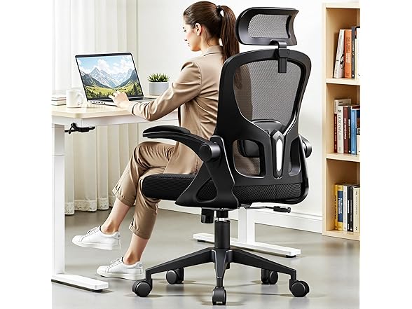 FINATI Ergonomic Office Chair, Mesh Desk Chair with Adjustable Headrest & Lumbar Support, Rolling Computer Chair with Flip-up Armrests, Comfy Swivel Home Office Chair for Long Hours - Black (Open Box)