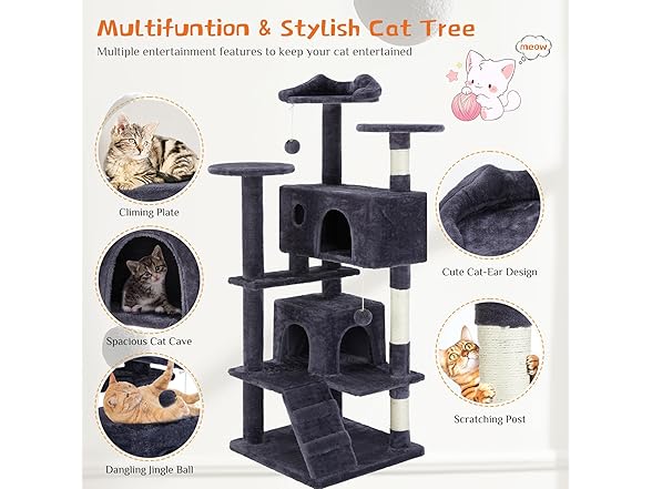 FluffyDream Cat Tree Tower 54in Gray