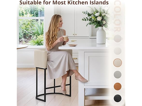 LUE BONA 27" H Counter Height Bar Stools Set of 2, Modern Barrel Counter Stools with Backrest and Arms, Black Metal Frames, Linen Fabric Upholstered Accent Barstools for Kitchen Island, Linen Color (Open Box)