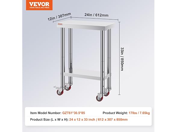 VEVOR Stainless Steel Work Table 12 x