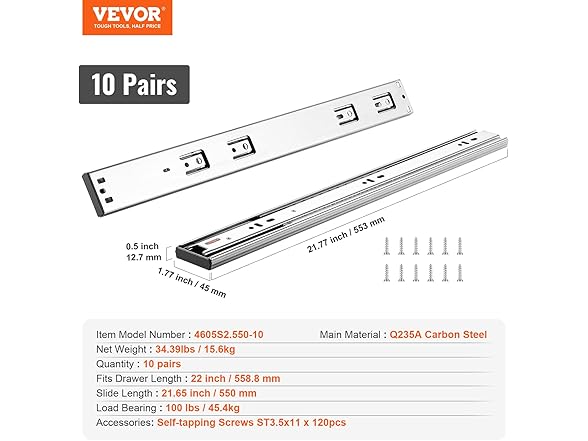 VEVOR 10 Pairs of 22 Inch Drawer Slides Side Mount Rails