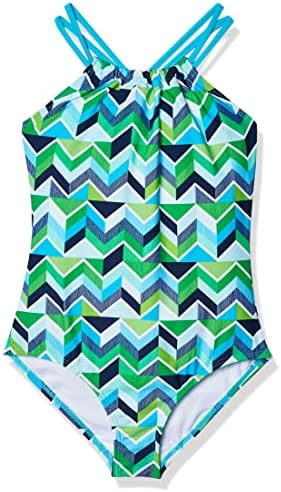 Kanu Surf Girls' Jasmine Beach Sport Halter One Piece Swimsuit, Ruby Navy/Green Chevron, 12
