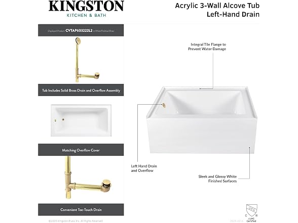 Kingston Brass Alcove Tub Combo,Glossy White/Brushed Brass