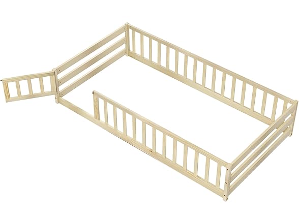 Giantex Twin Floor Bed with Door & Fence, Kids Wood Montesso (Open Box)