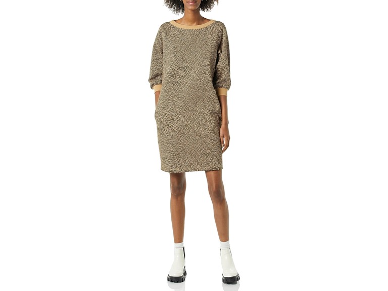 Amazon Essentials Women's Fleece Blouson Sleeve Crewneck Sweatshirt Dress (Available in Plus Size), Camel Cheetah, Medium