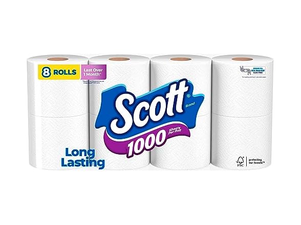 Scott 1000 Sheets Per Roll, 8 Toilet Paper Rolls