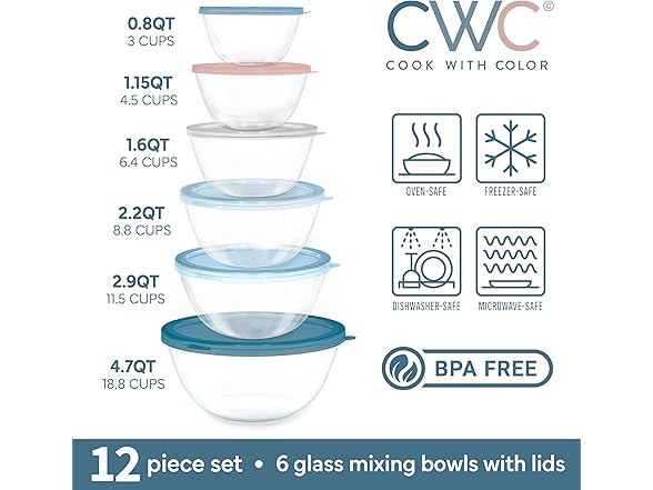 COOK WITH COLOR 12 Pc Blue/Pink Glass Mixing Bowl Set