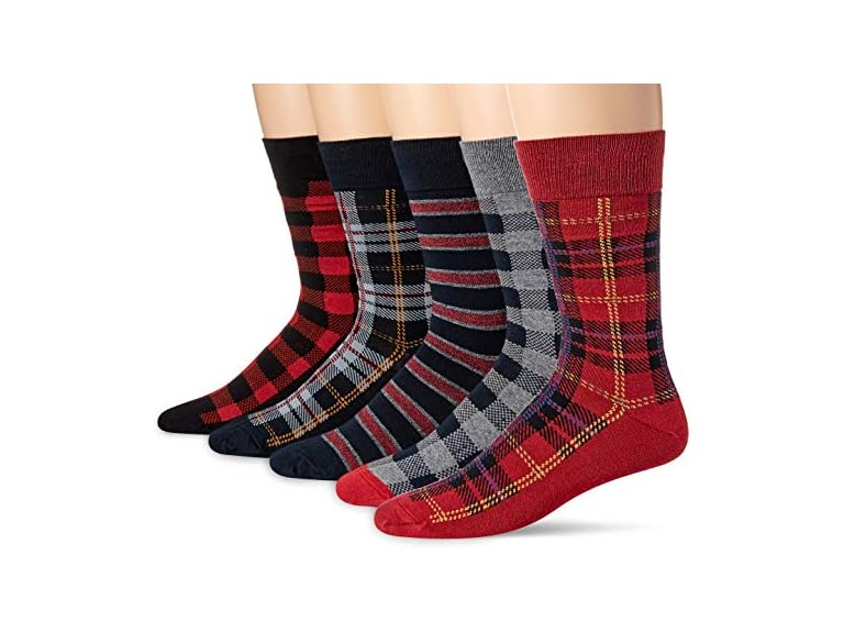 Amazon Essentials Mens Comfortable Patterned Dress Socks, 5 Pairs, Plaid/Stripe, 8-12