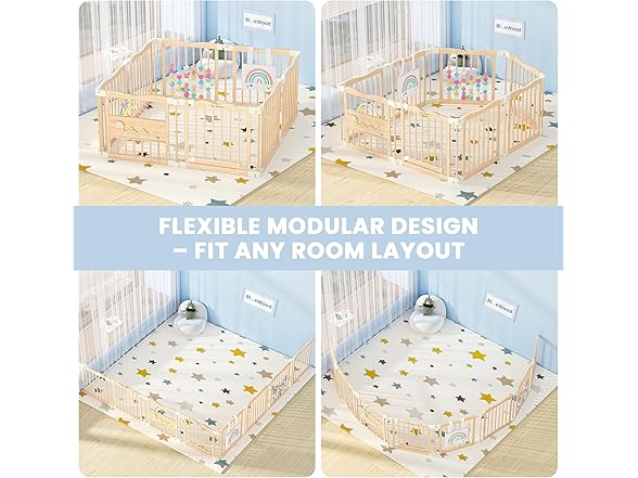 Foldable Wooden Playpen - Adjustable Wood Baby Play Yard with Child-Proof Lock, Indoor Large Safety Fence for Babies and Toddlers - Easy Assembly, 55 x 55 x 24 inches, Rainbow Dream, Natural (Open Box)