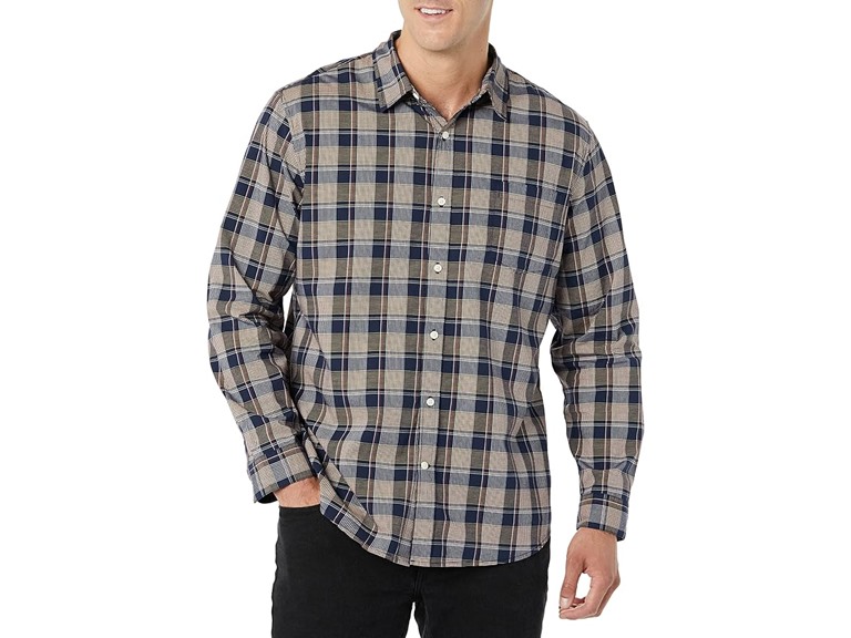 Amazon Essentials Men's Long-Sleeve Slim-Fit Stretch Poplin Shirt, Gold Navy Checked, Medium