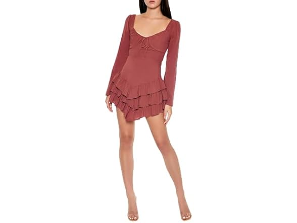 Forever 21 (S) Tiered Bell-Sleeve Dress Chestnut