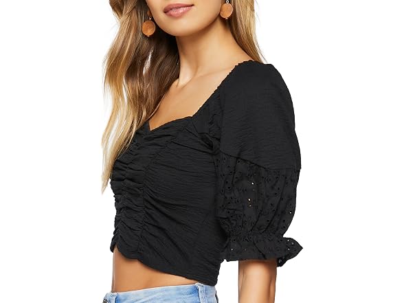 Forever 21 (S) Ruched Eyelet Crop Top Black