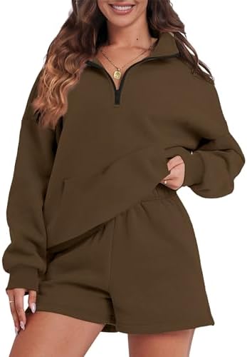 FKEEP Womens Sweatsuits 2 Piece Outfits Half Zip Sweatshirt Sweat Shorts with Pockets Lounge Sets(Coffee,XX-Large)
