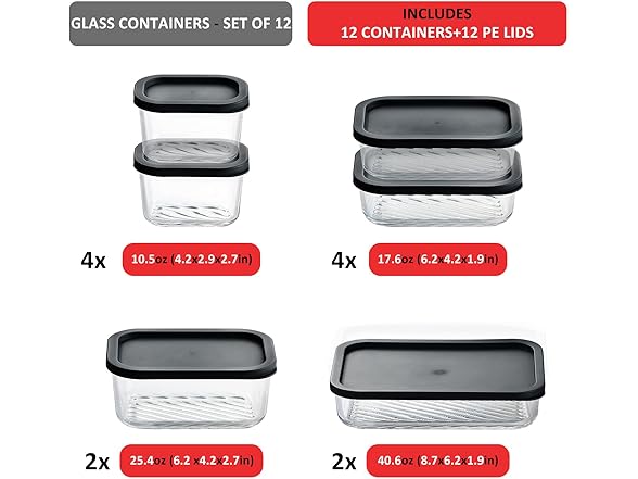 EATEX Grooved Base Glass Meal Prep Containers