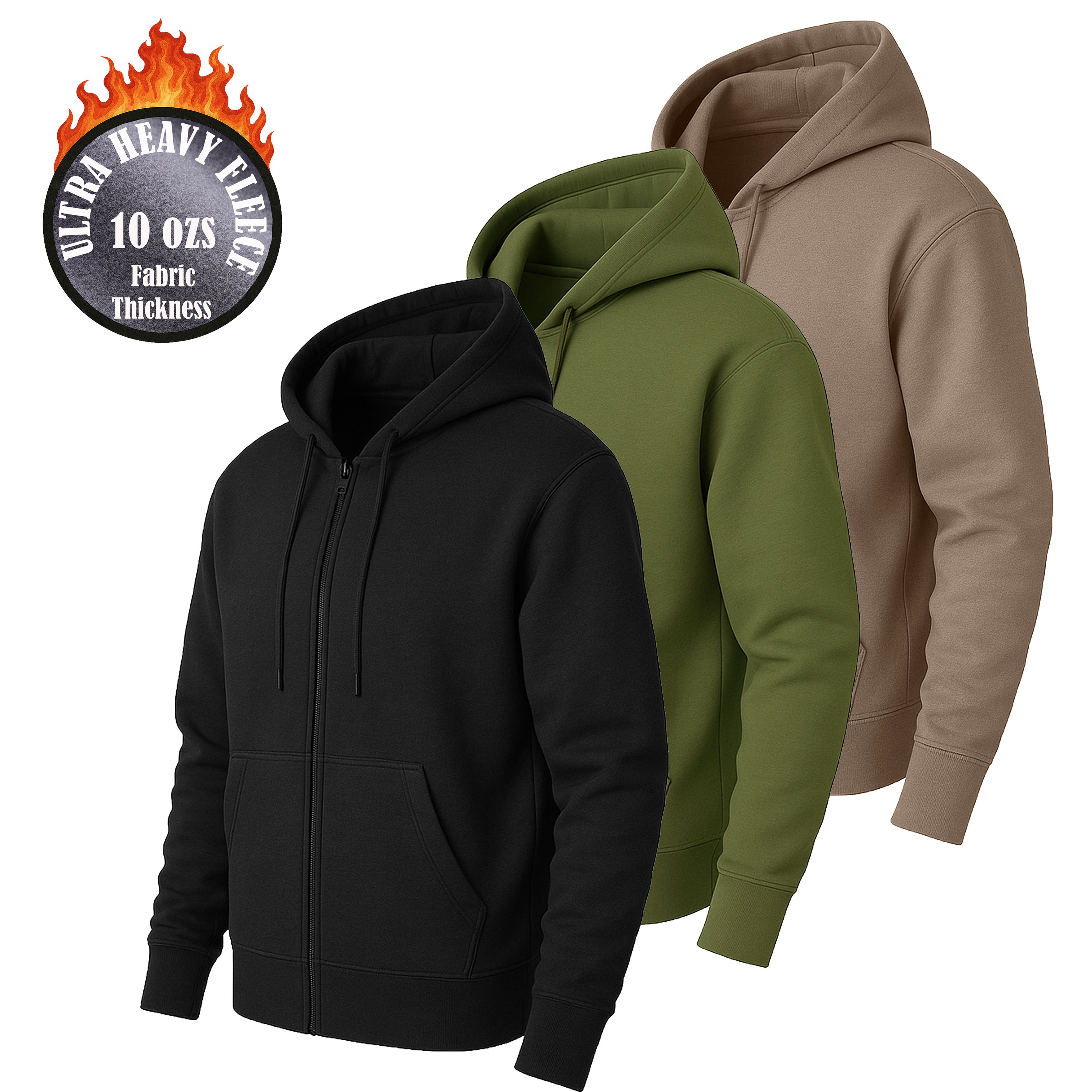 3Pk Mens Heavyweight Fleece-Lined Full Zip Hoodie - Gallery 10