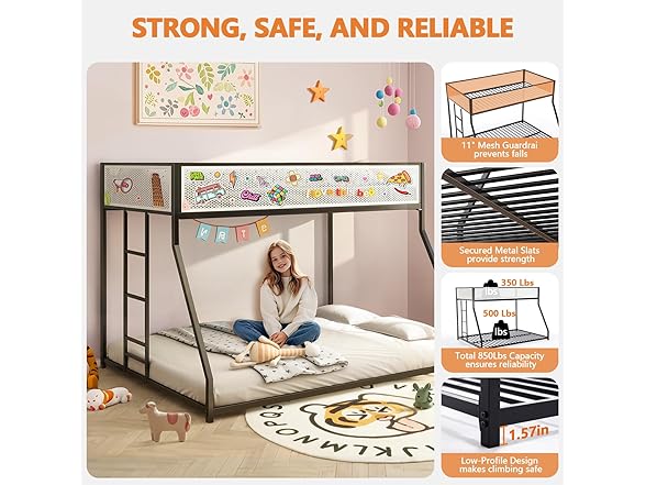 LIFE SKY Metal Bunk Bed w/Mesh Guardrail