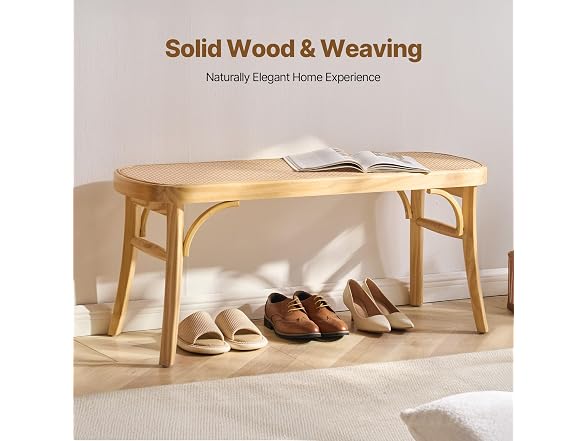 Rattan Bench, 43.3" Wooden Rattan Bench