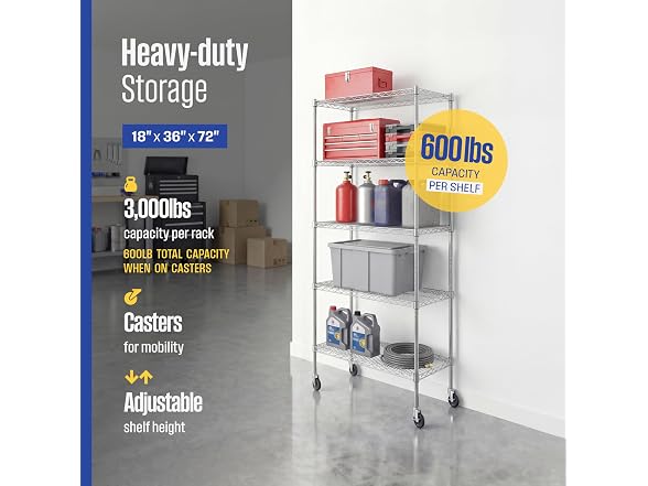 SafeRacks NSF 5-Tier Steel Wire Rack w/Wheels (18"x36"x72")