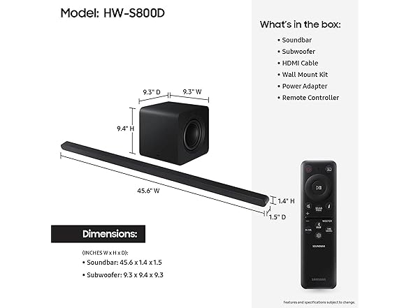 SAMSUNG S800D 3.1.2ch Soundbar w/Wireless Dolby Atmos Audio, (Open Box)