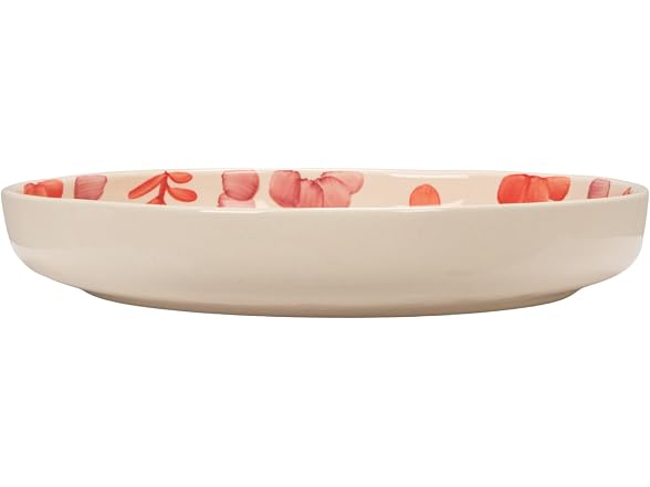 Creative Co-Op Hand-Painted Stoneware Low Bowl with Botanical Design, Multicolor