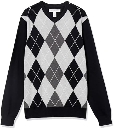 Amazon Essentials Men's V-Neck Pullover Sweater (Available in Big & Tall), Black Argyle, X-Small