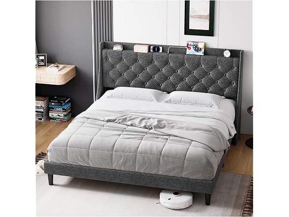 GAOMON Full Bed Frame, Charging, Grey